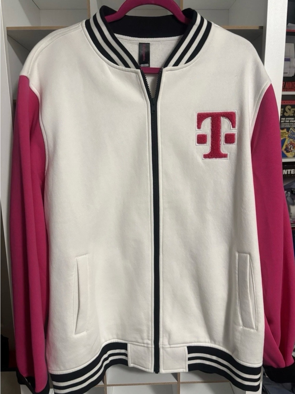 Rare T-Mobile White & magenta Varsity Jacket with T Patch